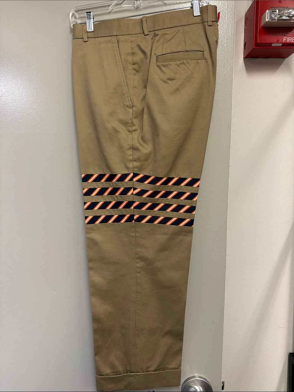 Thom Browne Men's Khaki cotton Trousers with blue/orange Stripe Detail